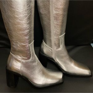 Caverley Oscar Boots, silver, knee high boots, square toe, size 40 or size 9 US